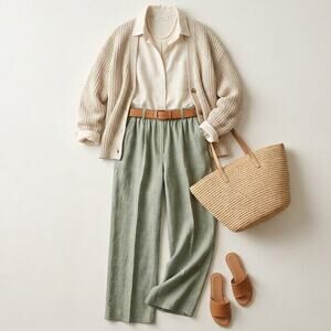 Jones New York Linen Blend Pants Large Green Heathered Coastal Grandma Wide Leg